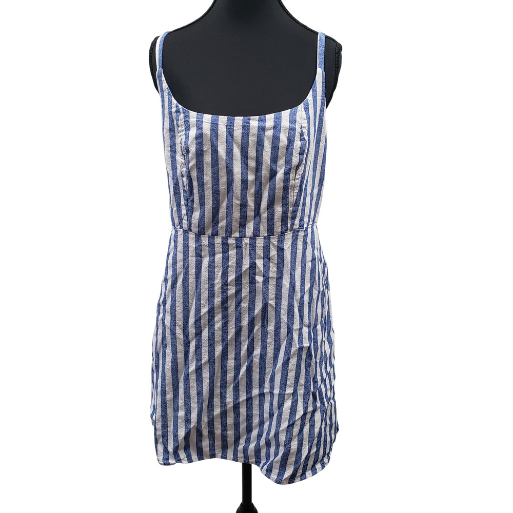 Old Navy Blue White Striped‎ Smocked Back Mini Dress Womens Size L Coastal Linen